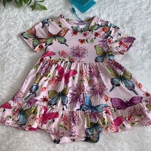 NWT Posh Peanut Watercolor Butterfly Floral Bodysuit Dress 0-3M Bamboo